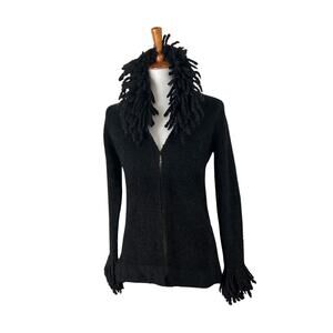 Vintage 70s/80s Black Bouclé Fringe Cardigan Sweater – Dramatic Collar & Cuffs